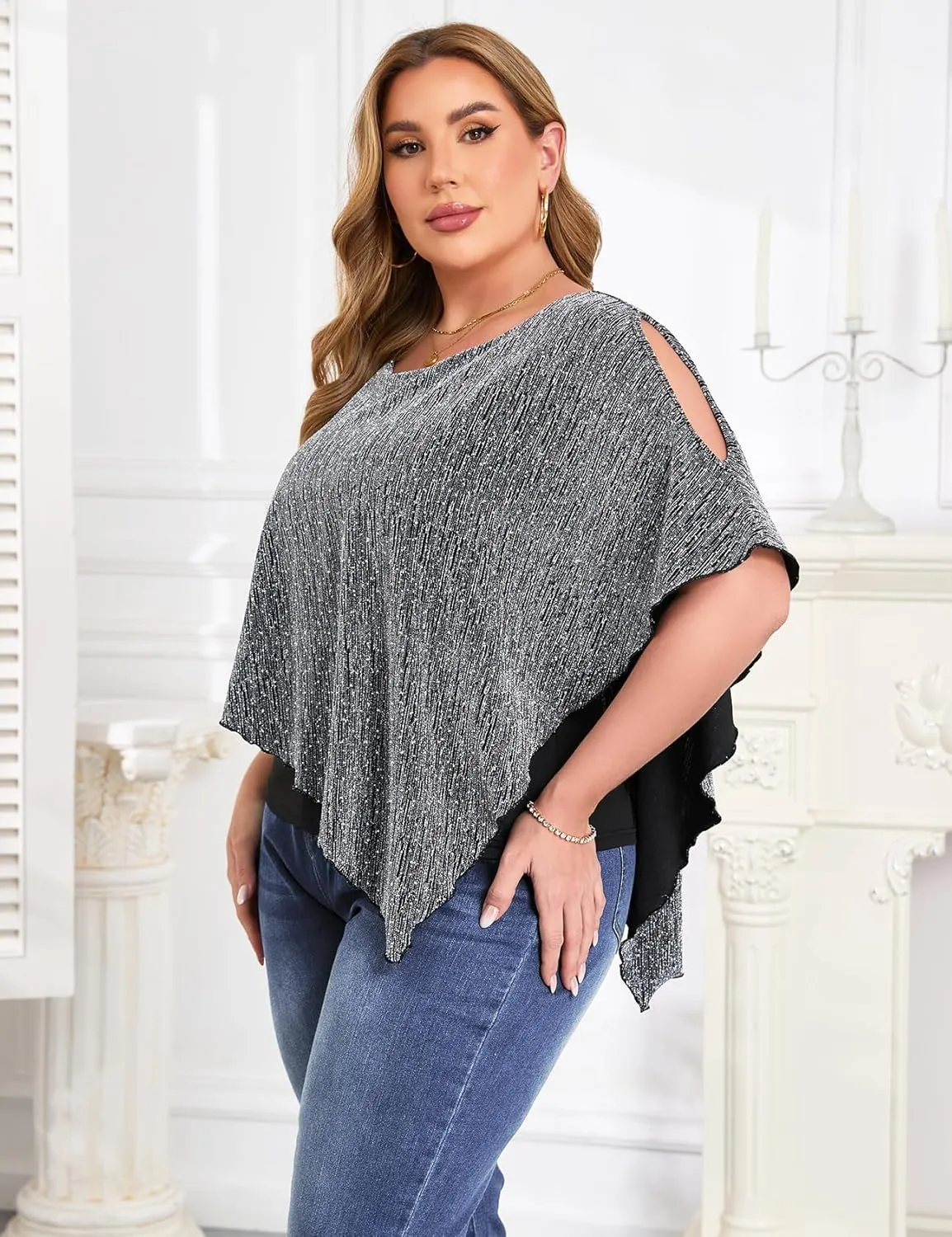 ZOMVA Plus Size Sparkly Cape Tops Cold Shoulder Double Layered Asymmetrical Hem Rhinestone Glitter Party Blouse Shirts