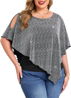 ZOMVA Plus Size Sparkly Cape Tops Cold Shoulder Double Layered Asymmetrical Hem Rhinestone Glitter Party Blouse Shirts
