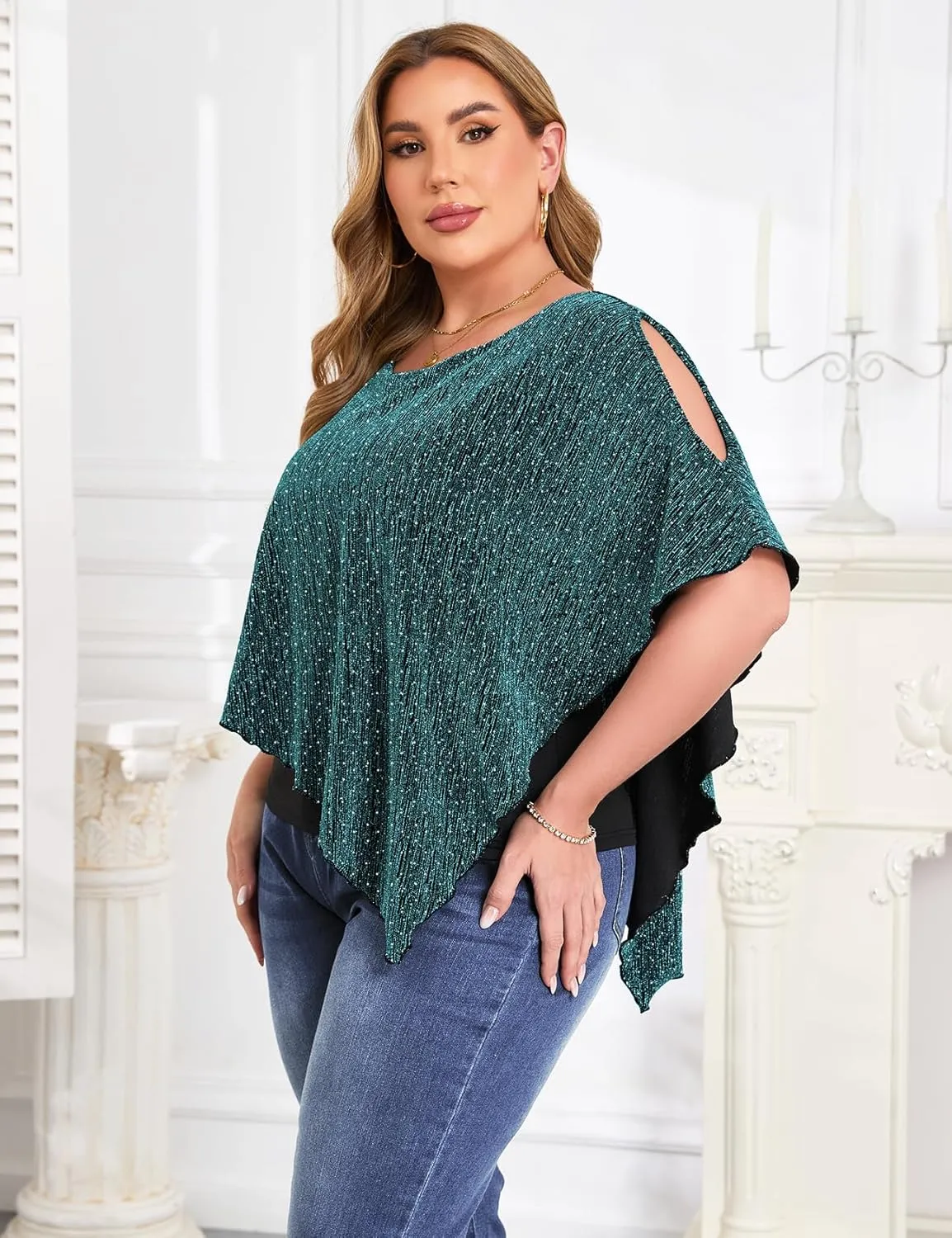 ZOMVA Plus Size Sparkly Cape Tops Cold Shoulder Double Layered Asymmetrical Hem Rhinestone Glitter Party Blouse Shirts