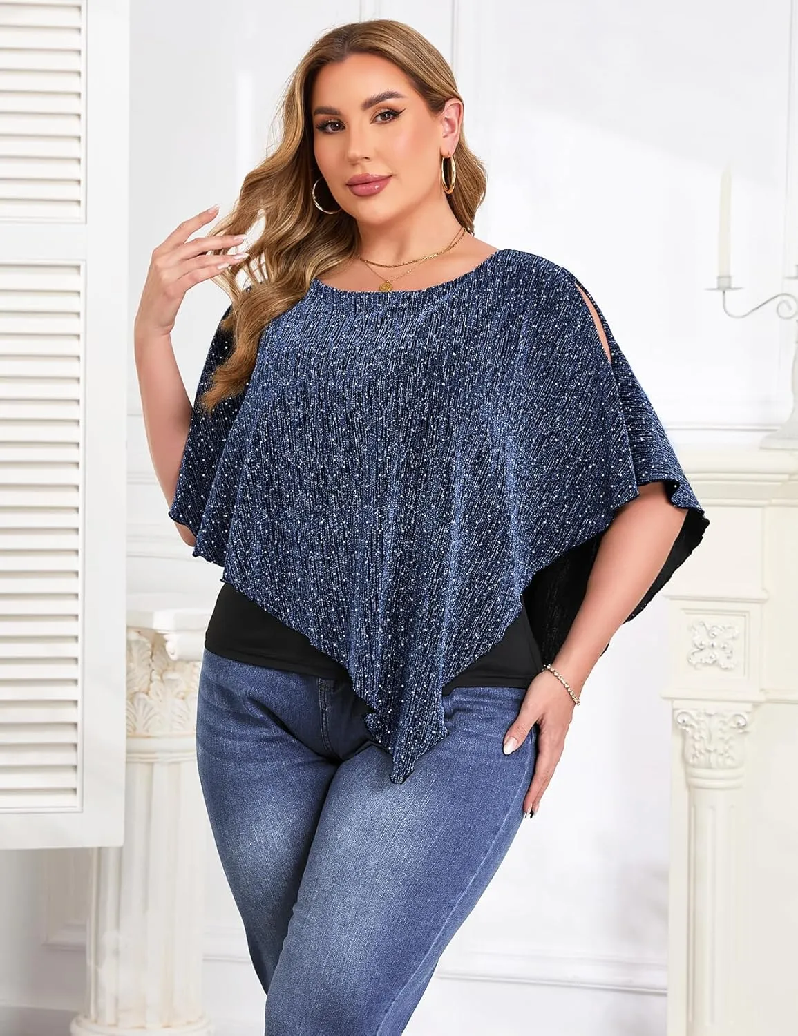 ZOMVA Plus Size Sparkly Cape Tops Cold Shoulder Double Layered Asymmetrical Hem Rhinestone Glitter Party Blouse Shirts