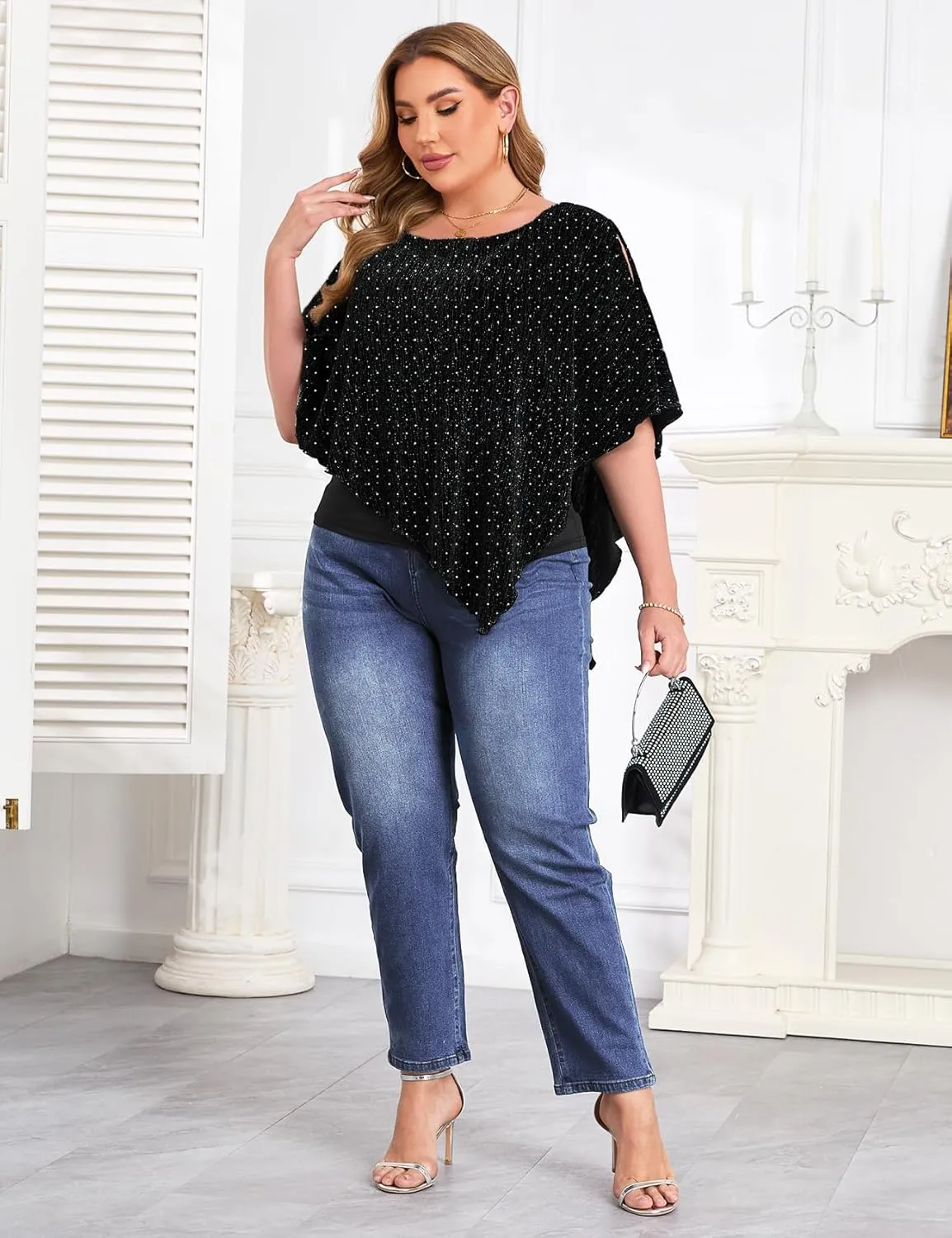 ZOMVA Plus Size Sparkly Cape Tops Cold Shoulder Double Layered Asymmetrical Hem Rhinestone Glitter Party Blouse Shirts