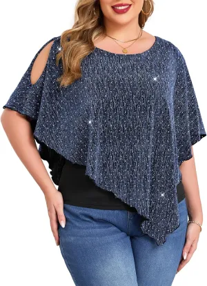 ZOMVA Plus Size Sparkly Cape Tops Cold Shoulder Double Layered Asymmetrical Hem Rhinestone Glitter Party Blouse Shirts